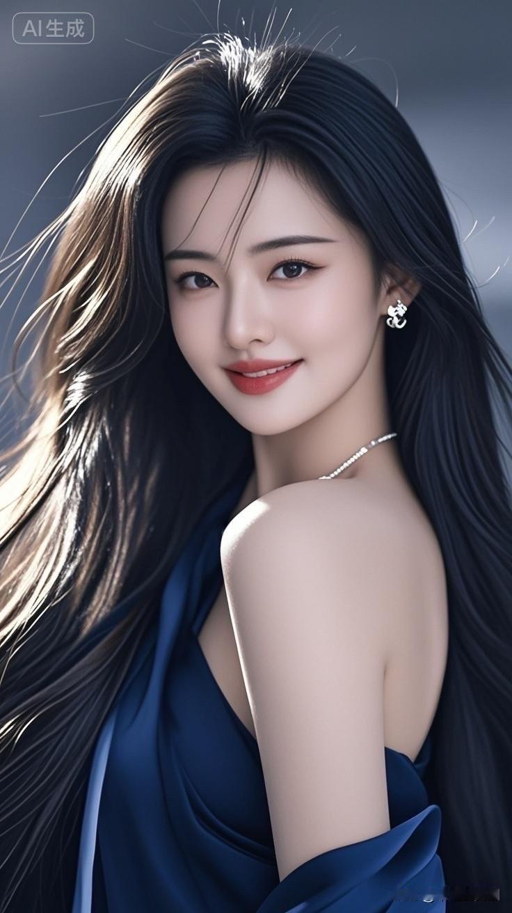 惊艳的东方美人，红唇与黑发相映成辉，优雅动人。