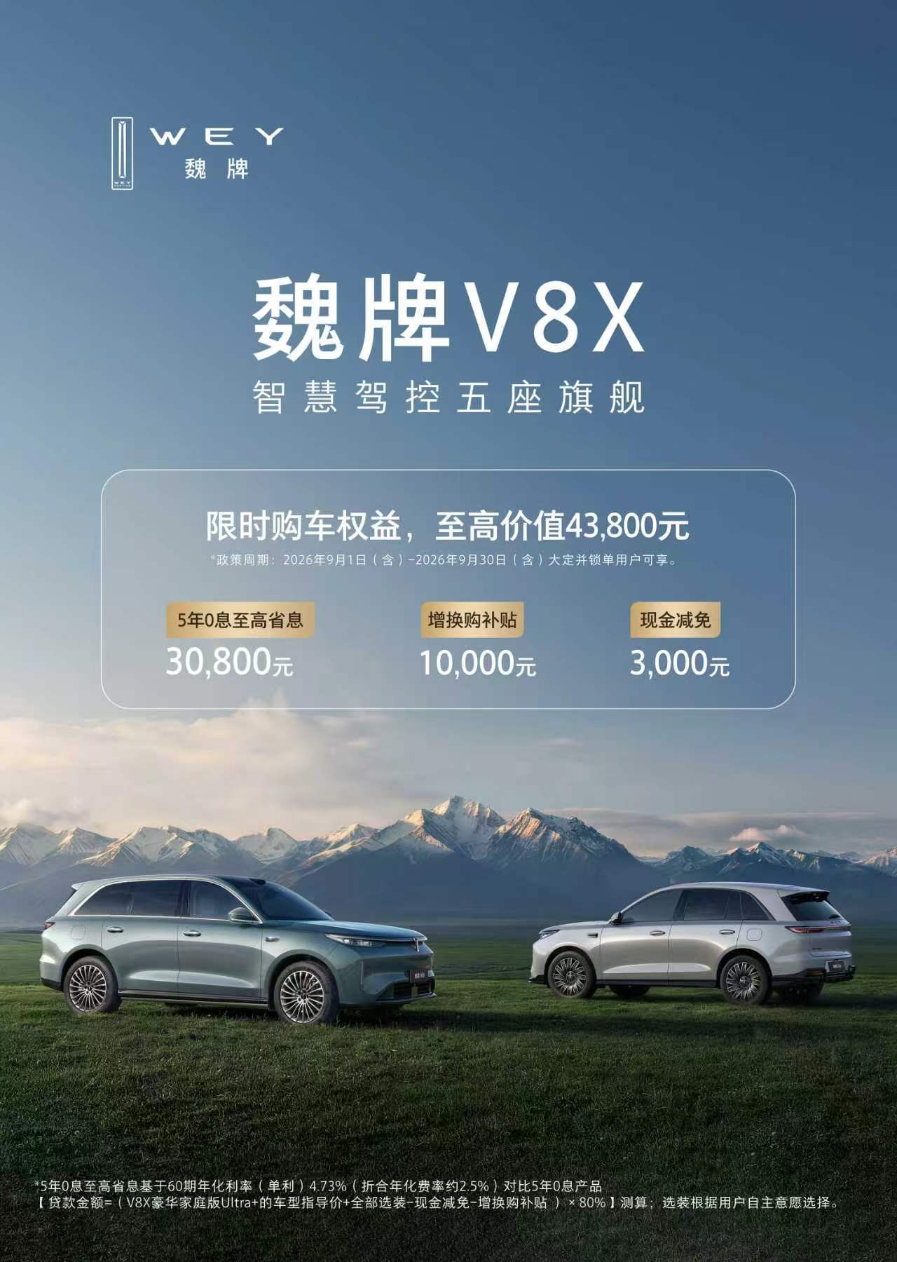 魏牌V8X也放大招了！首付20%起，享5年真0息，至高省息30800元！叠加10