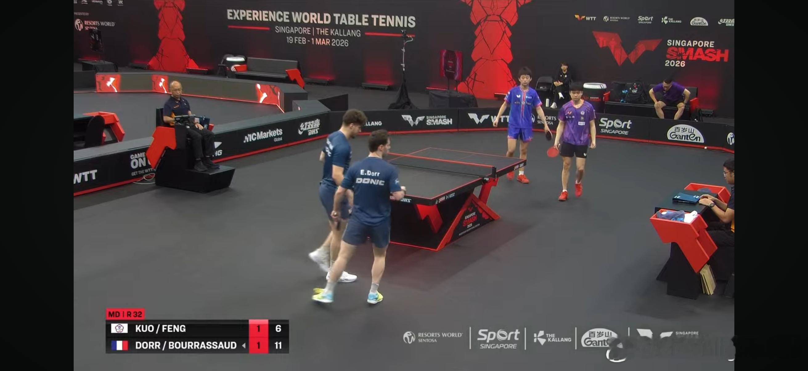 WTT新加坡大满贯2026 男双1/16决赛：🇫🇷多尔/布尔拉萨德3比1郭冠