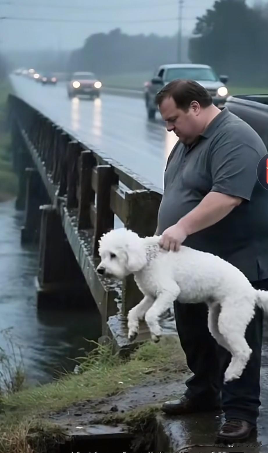 小狗浑然不知自己犯了何错，竟被主人狠心抛入河中，主人驾车离去时还骂声不断。可怜的