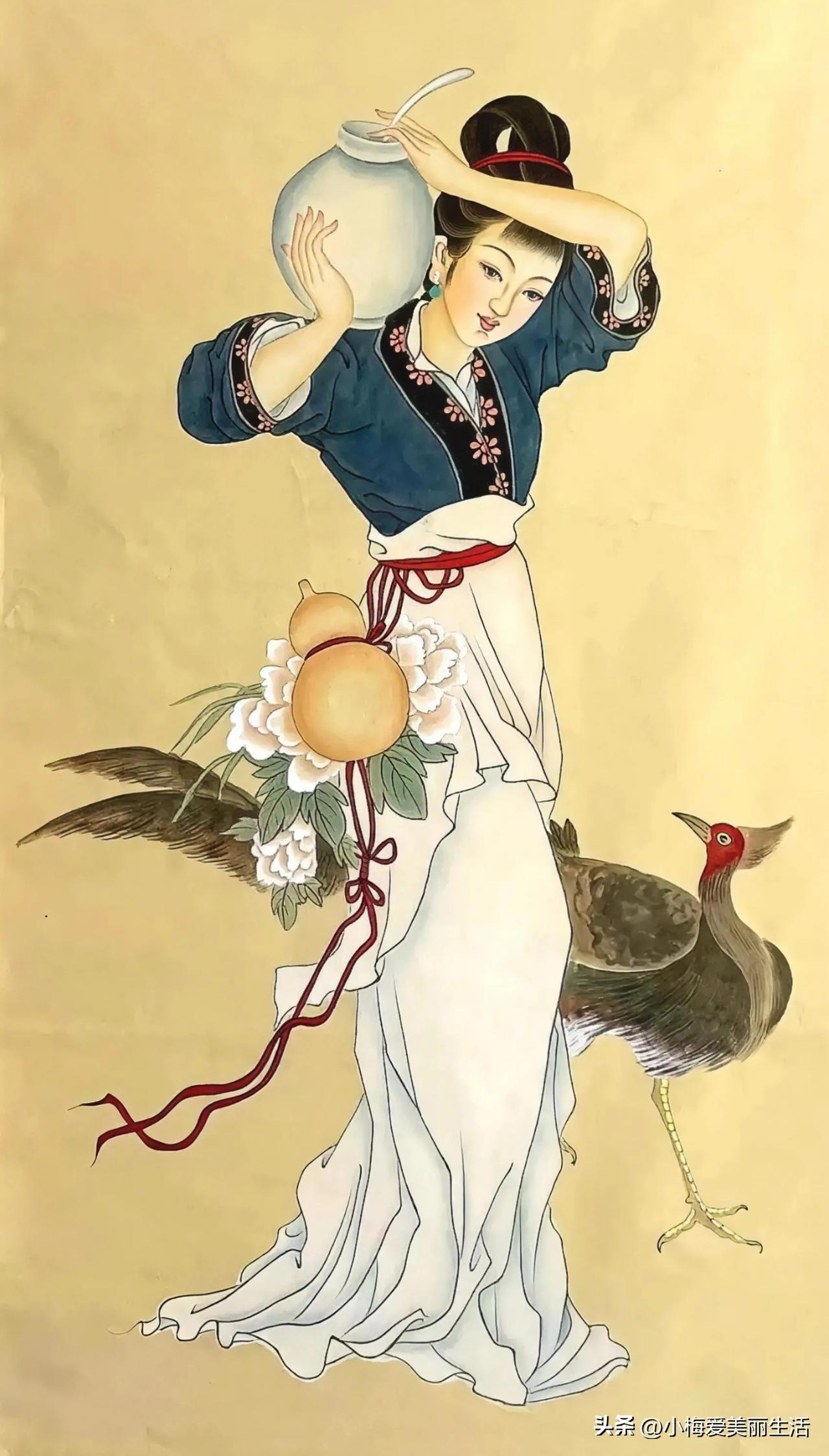 红妆美人捧酒坛，金鸡相随入画来。