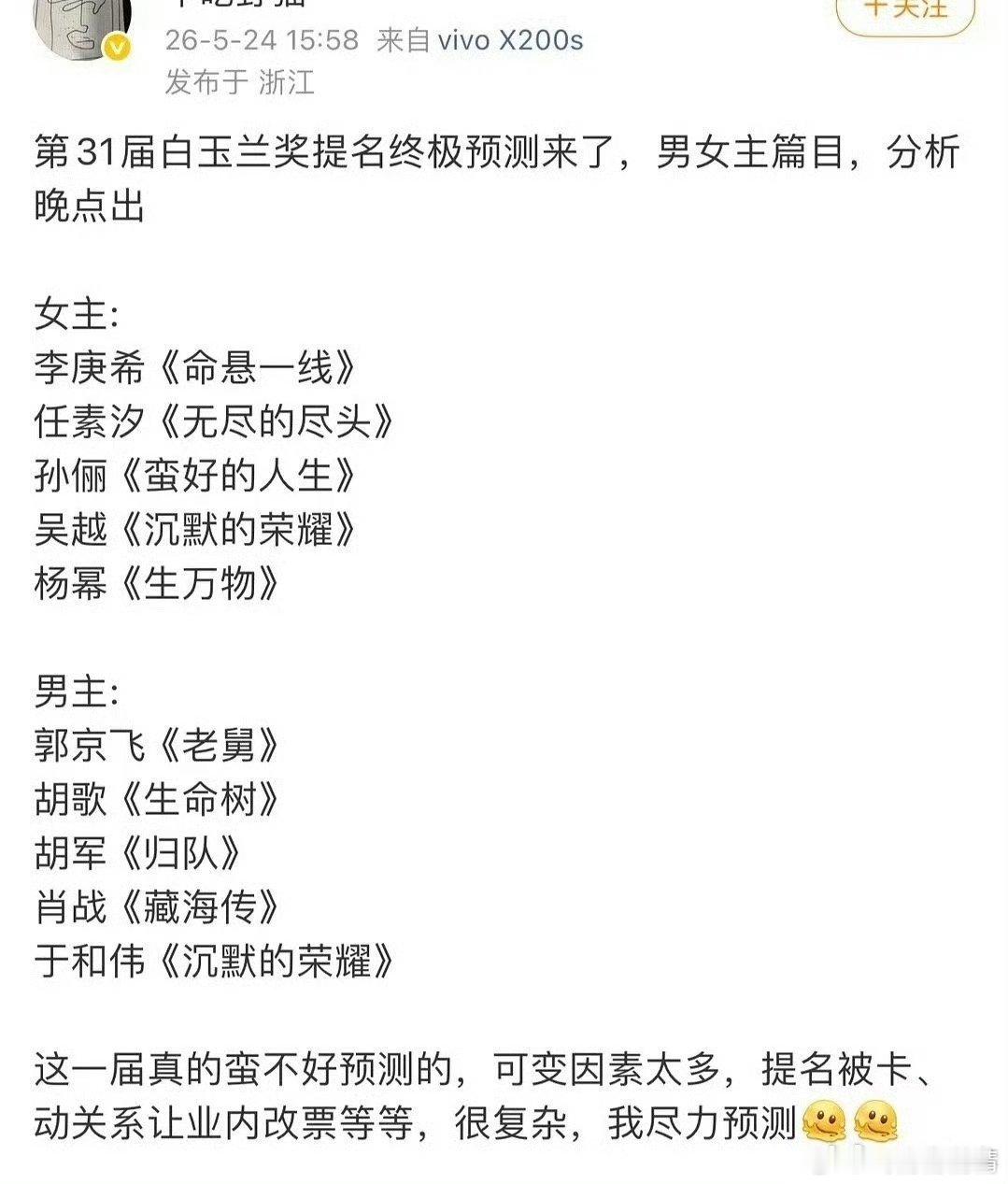 白玉兰又出来造势了，天天上rs，胡歌凭什么提名，剧扑了还是特出戏份又少，换掉他，