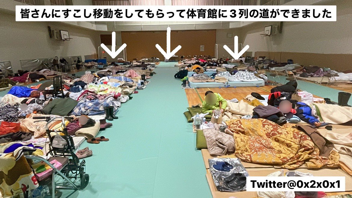 日本石川县灾区的鵜川小学校里面的情况，灾民很多，救援物资都是民间送来的，当地民众