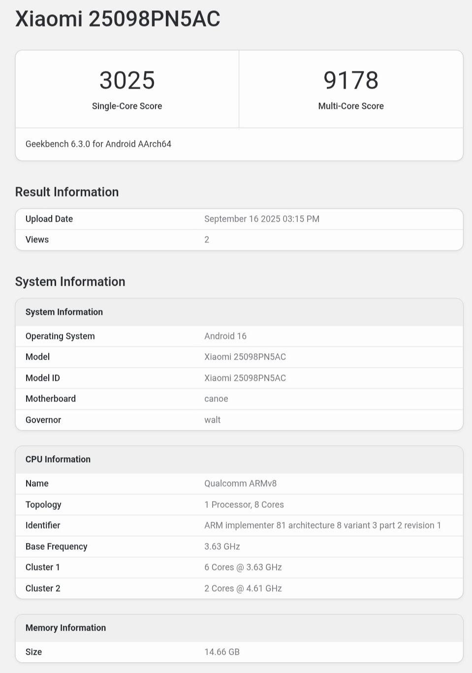 小米17 Pro首个Geekbench6跑分，单核3025，多核9178，看图二