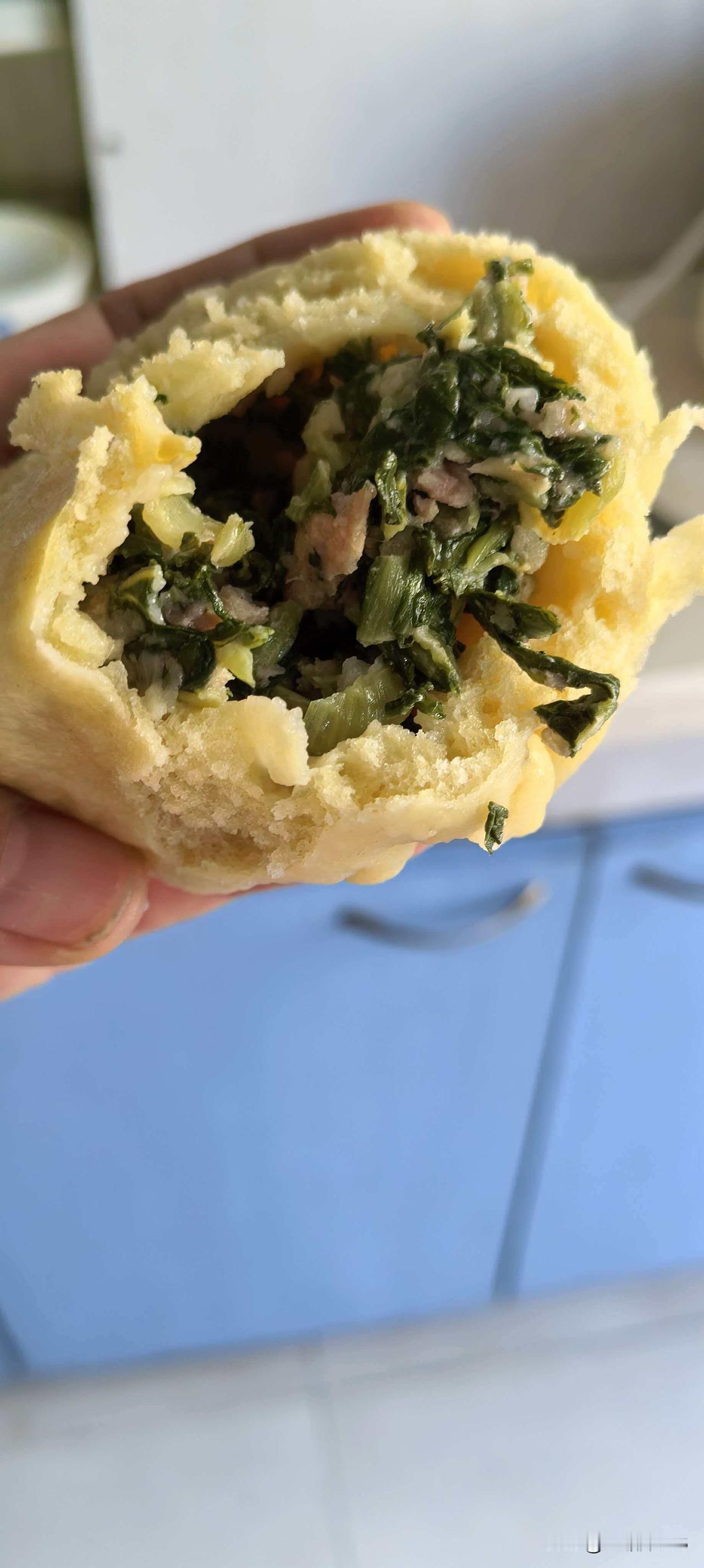 太感动了，邻居妹妹给我送来刚出锅的小白菜馅包子。
上午十点多，邻居妹妹就发来微信