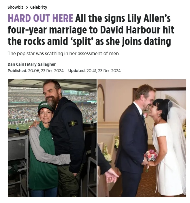 Lily Allen与David Harbour婚姻破裂，开始使用相亲app据报