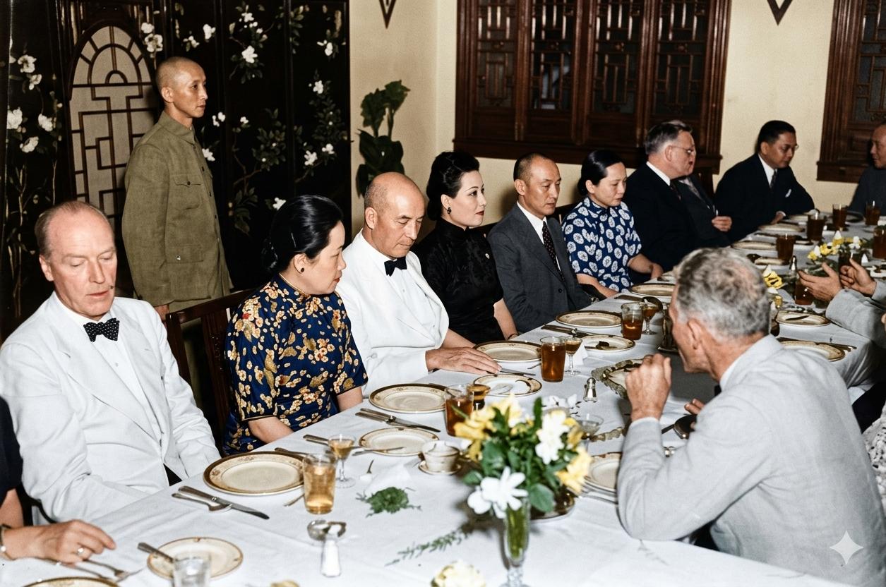 1944年6月，重庆，一场战时陪都的外交宴会，蒋介石设宴，宋氏三姐妹罕见同框，美