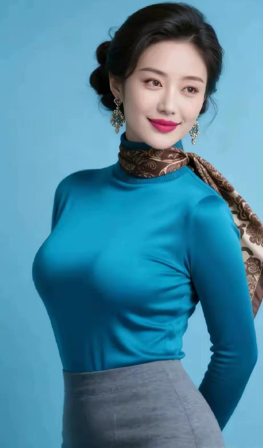 蓝色上衣+花丝巾，复古优雅的质感太绝