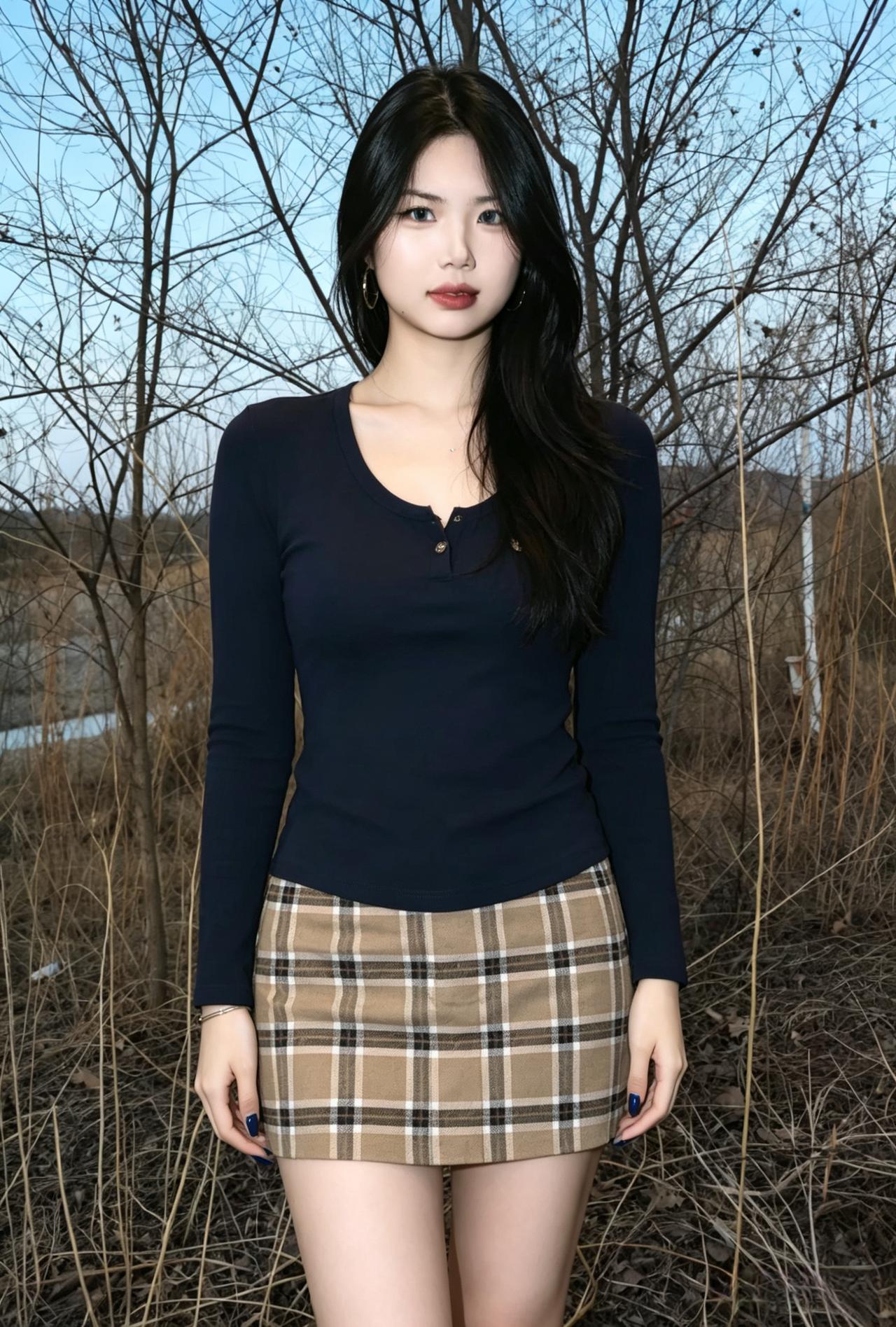 枯树与蓝天作背景
灰色高领衫裹住温柔的曲线
沉静的黑裙垂坠如夜色
神情安然
把萧