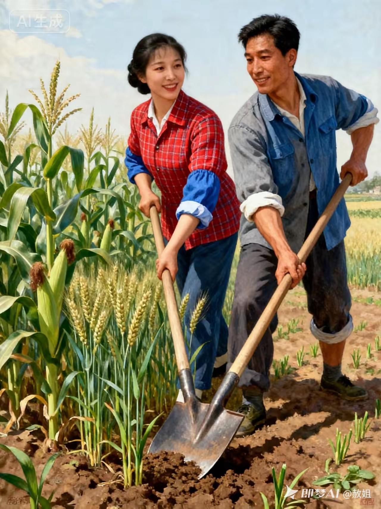 夫妻力同心，
致富摆脱贫。
挥锹翻田土，
幸福度光阴。