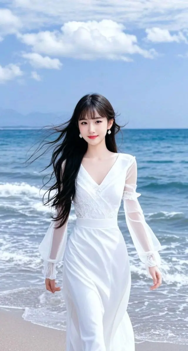 AI海滨白裙佳人