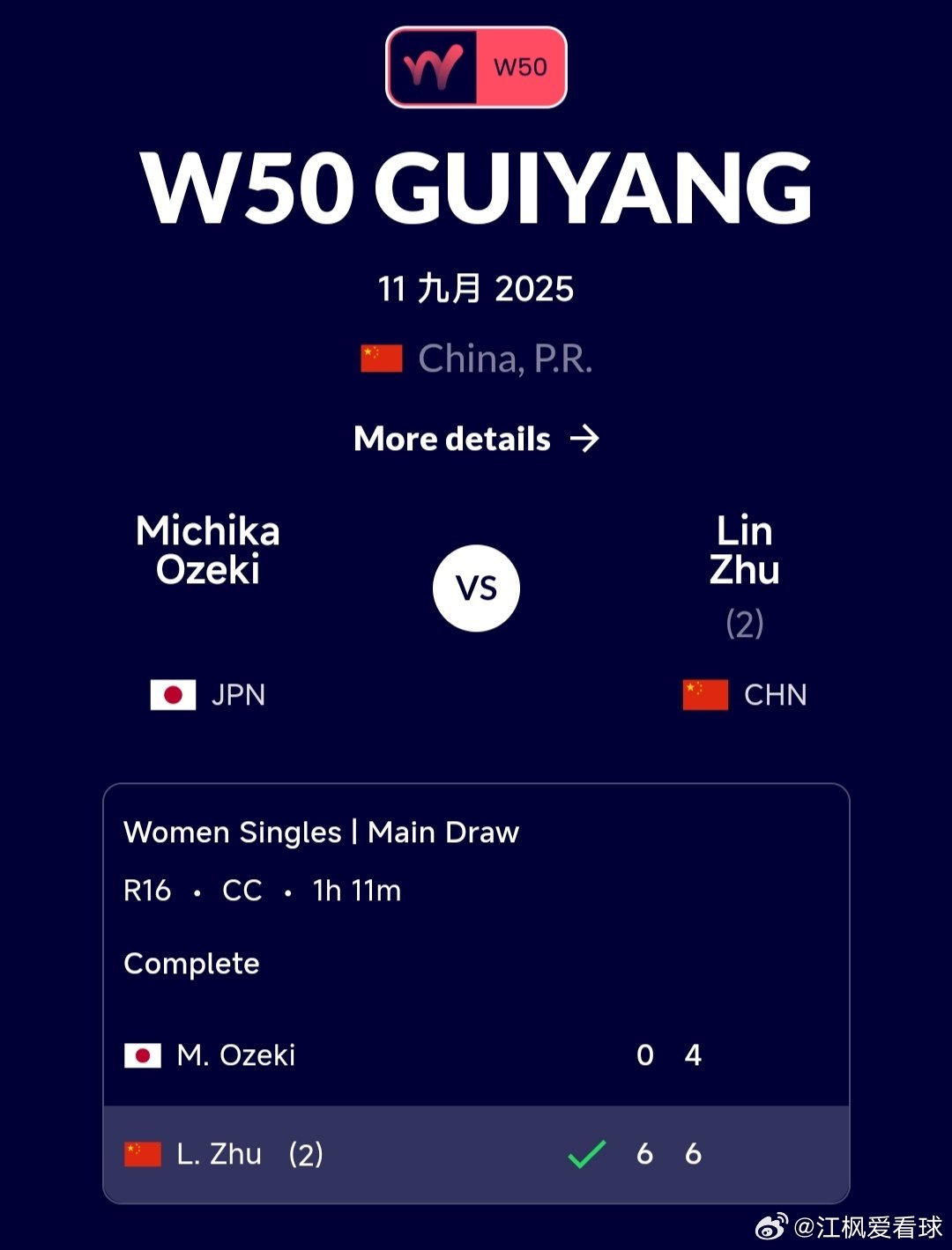W50贵阳站🇨🇳女单第二轮2号种子朱琳🇨🇳6-0/6-4轻取小关美知甲?
