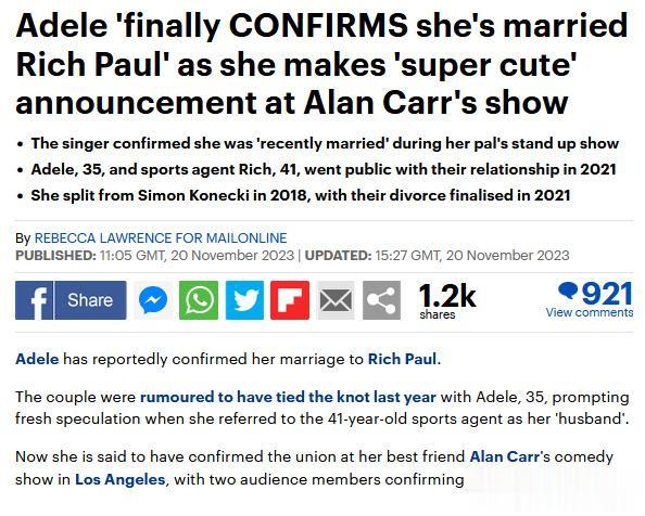 #Adele与NBA篮球经纪人结婚#
近日，Adele 在Alan Carr's