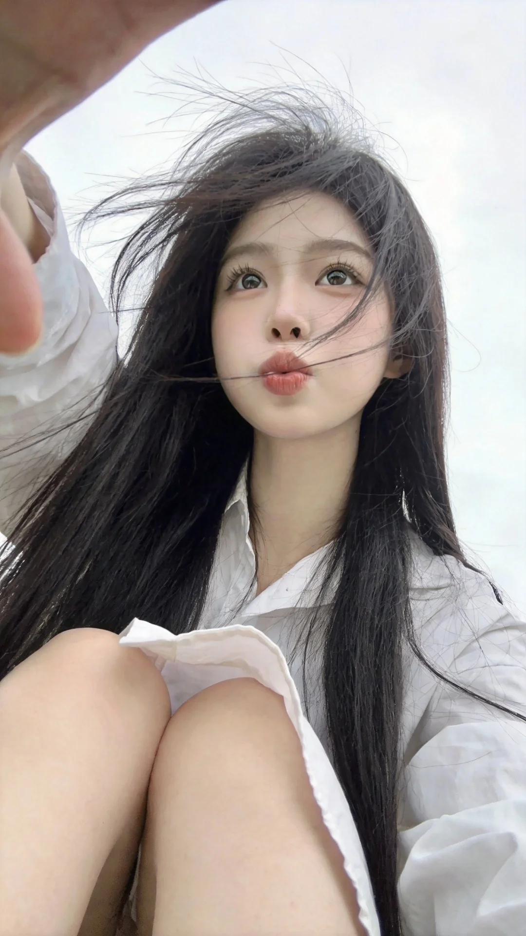 一位长发及腰、模样似洋娃娃般可爱的女生。低角度垂直仰拍看向镜头，失焦感...