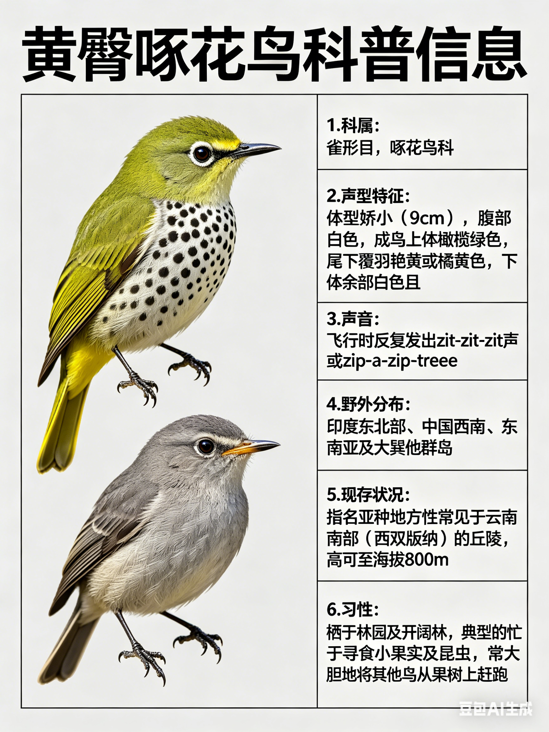 鸟类朋友图鉴 黄臀啄花鸟·科属：雀形目，啄花鸟科。·外形特征：体型娇小（9cm）