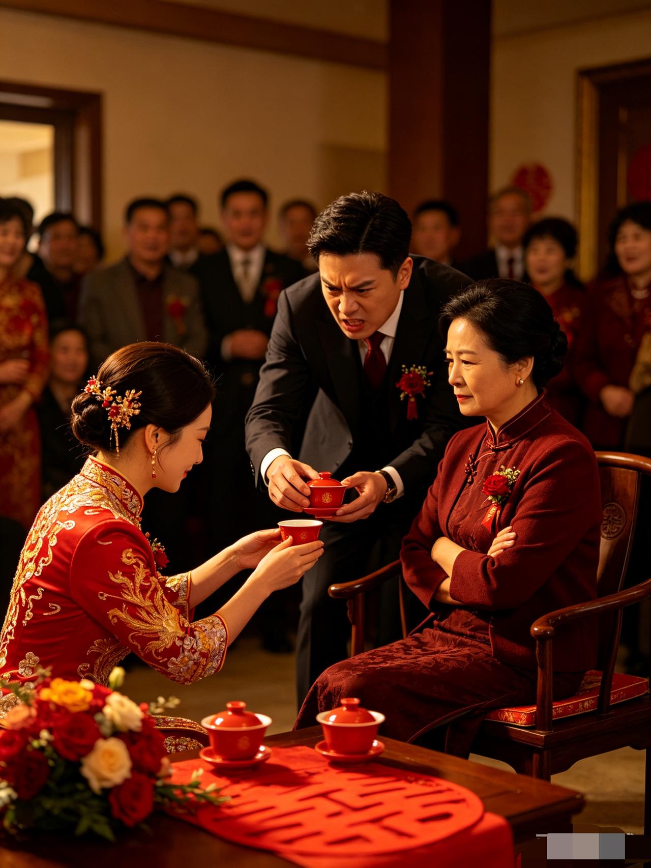 大喜之日敬茶，婆婆摆脸色拒绝改口，新郎当场倒掉茶水，一句话全场安静

婚礼是一个