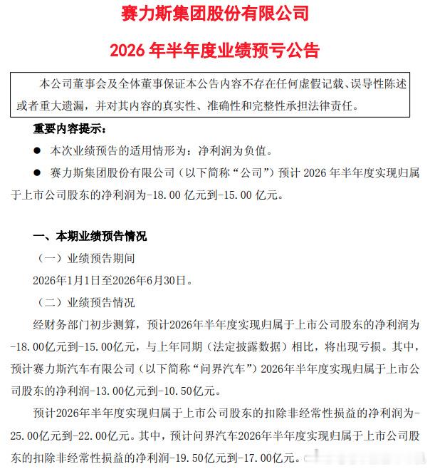 赛力斯预计2026年上半年亏损15-18亿元此前第一季度，赛力斯盈利7.54亿元