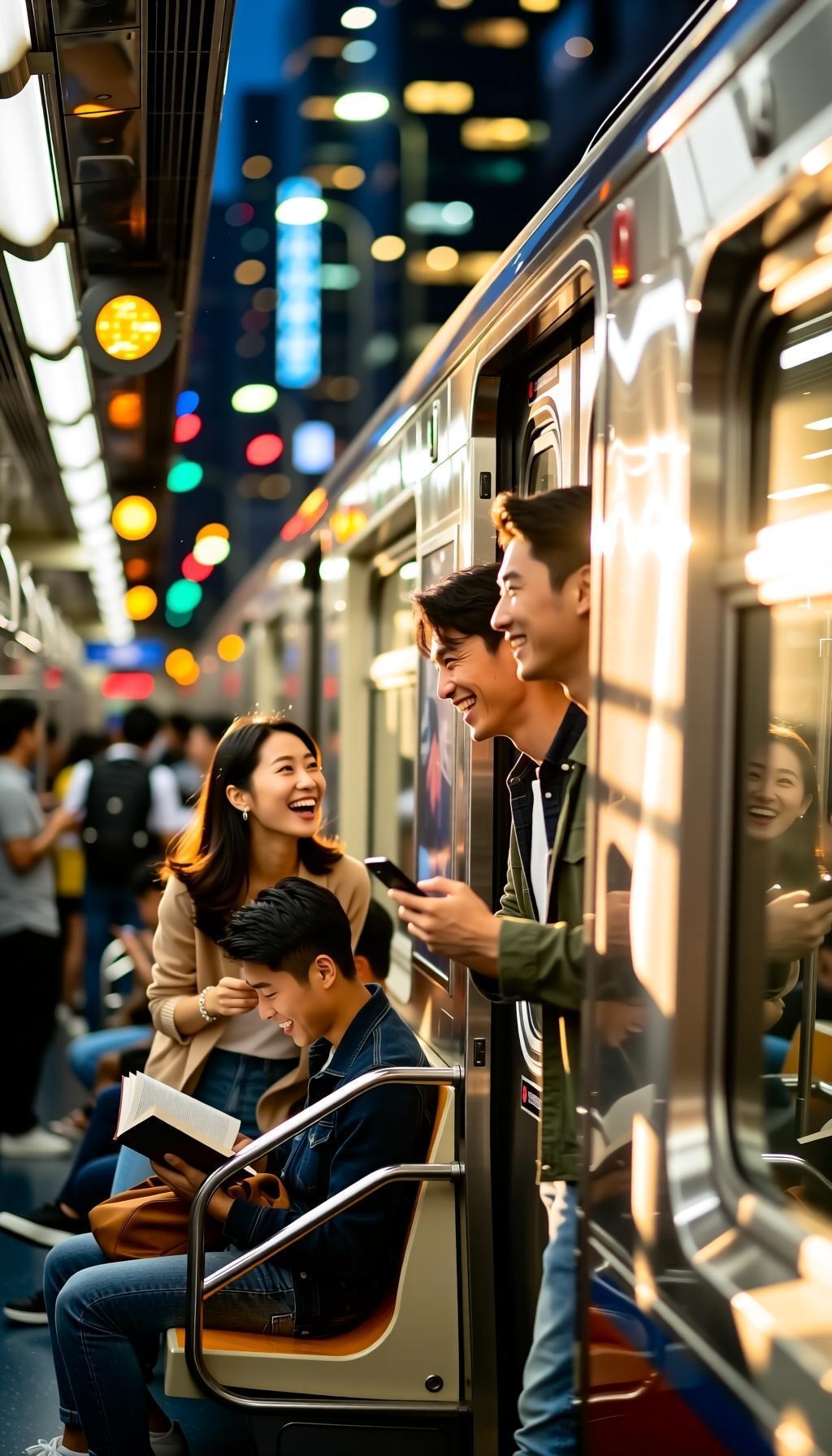 在繁忙的地铁车厢里，车厢内人潮涌动，灯光明亮而略带喧嚣。每个人都在匆匆赶路，有的