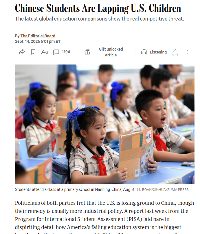 中国学生正在远远超过美国孩子最新的全球教育比较显示了美国真正面临的竞争威胁《华尔
