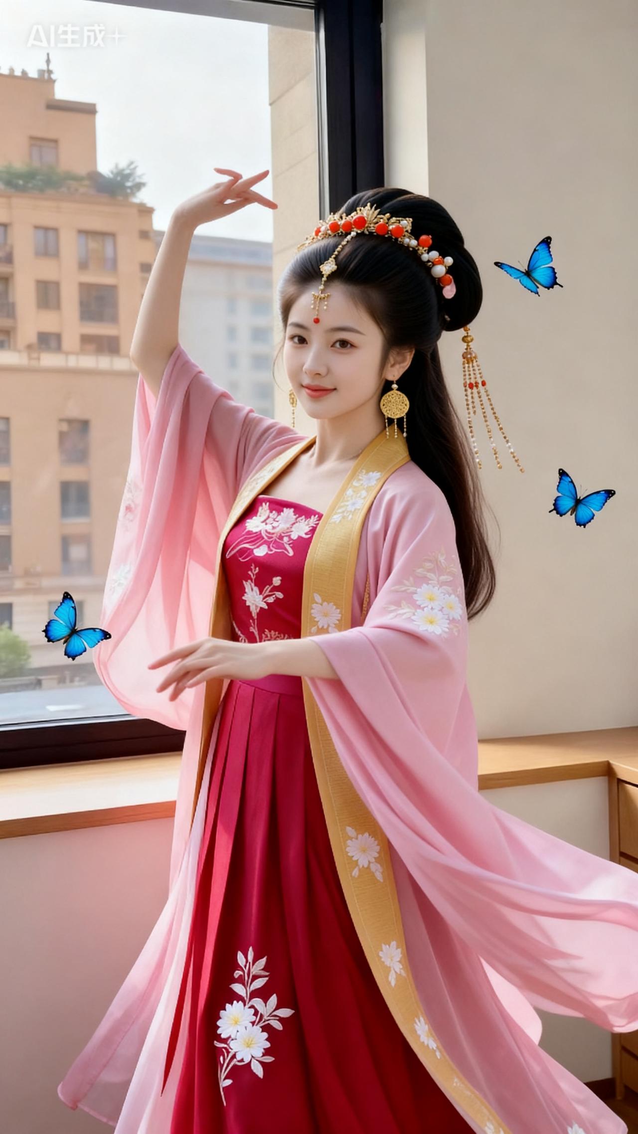穿越千年的古典美，一袭红粉相间的汉服，尽显优雅与灵动。