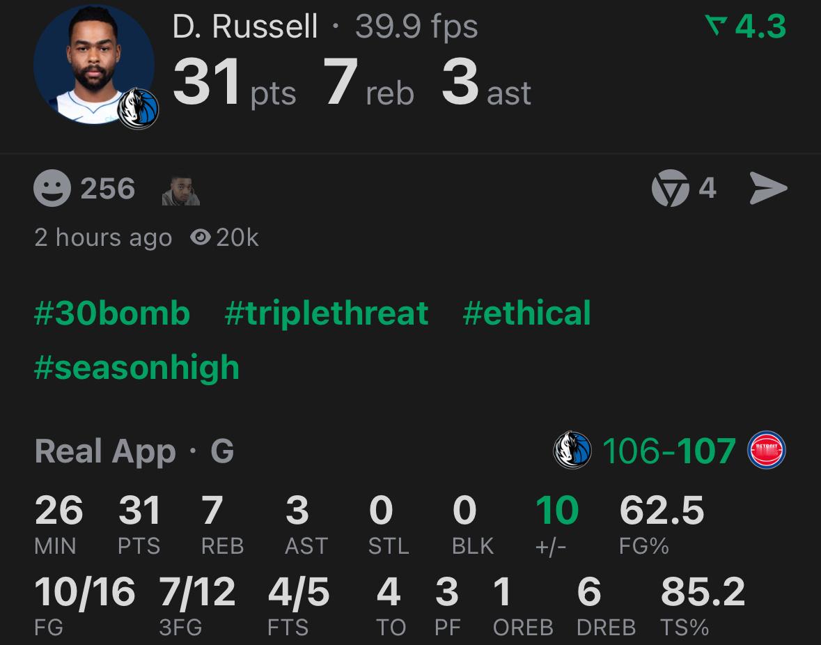 拉塞尔赛季第一个30+独行侠vs活塞 ​​​