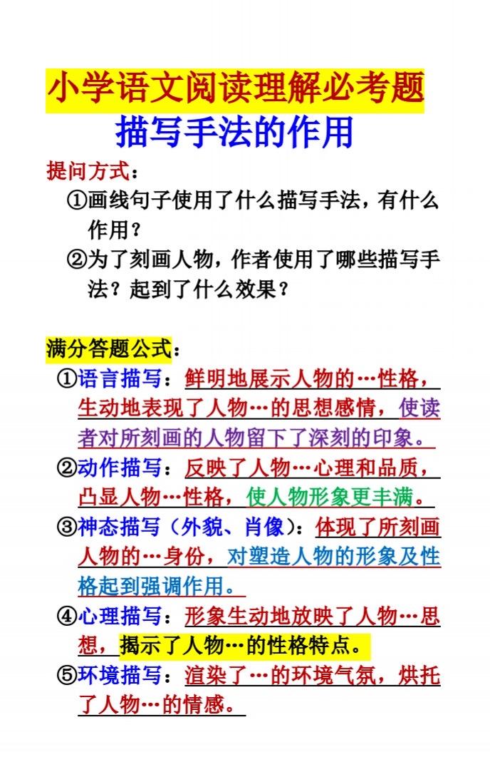 阅读理解必考题描写手法的作用