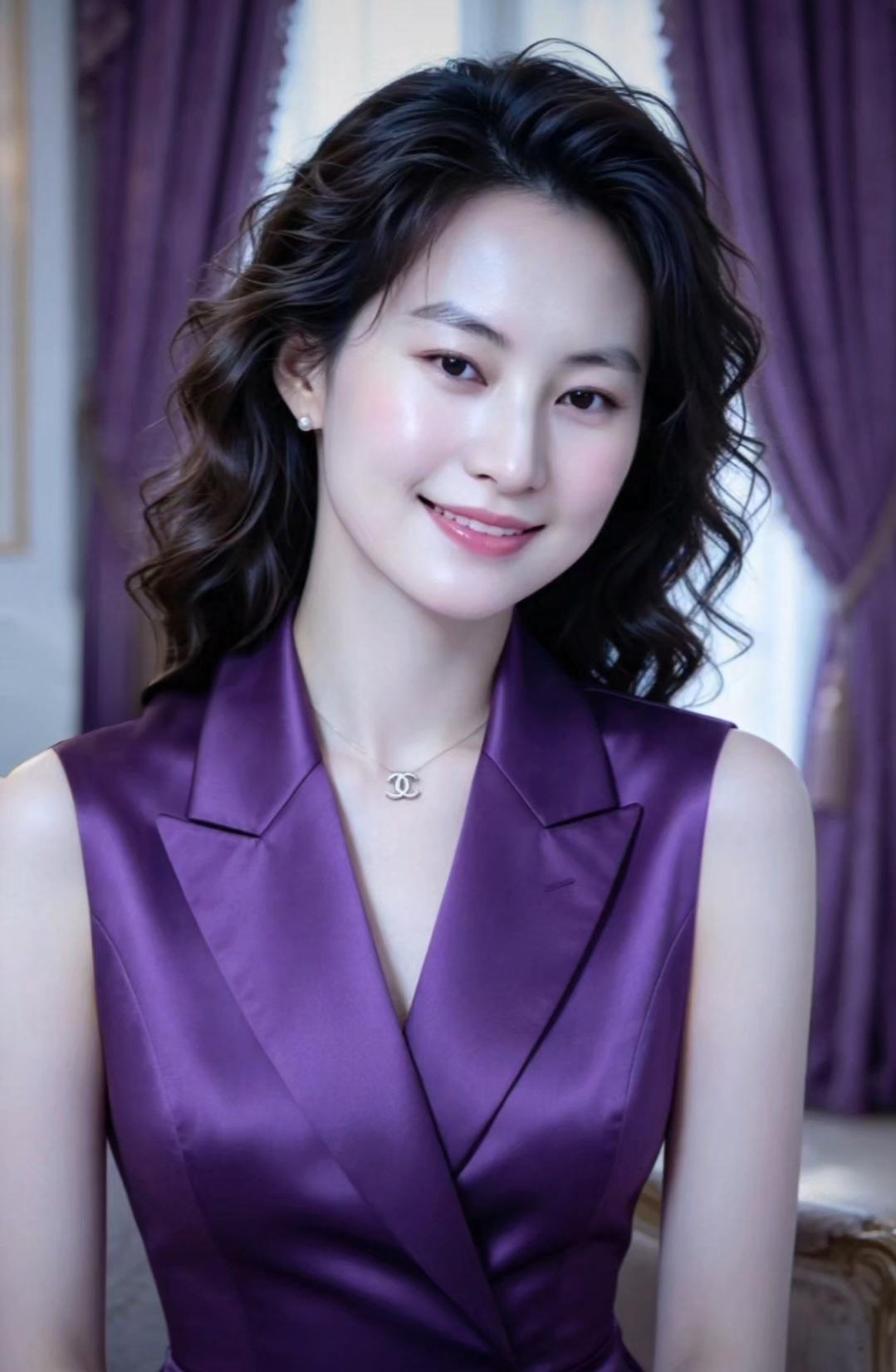 这位女士穿着紫色礼服，笑容甜美。