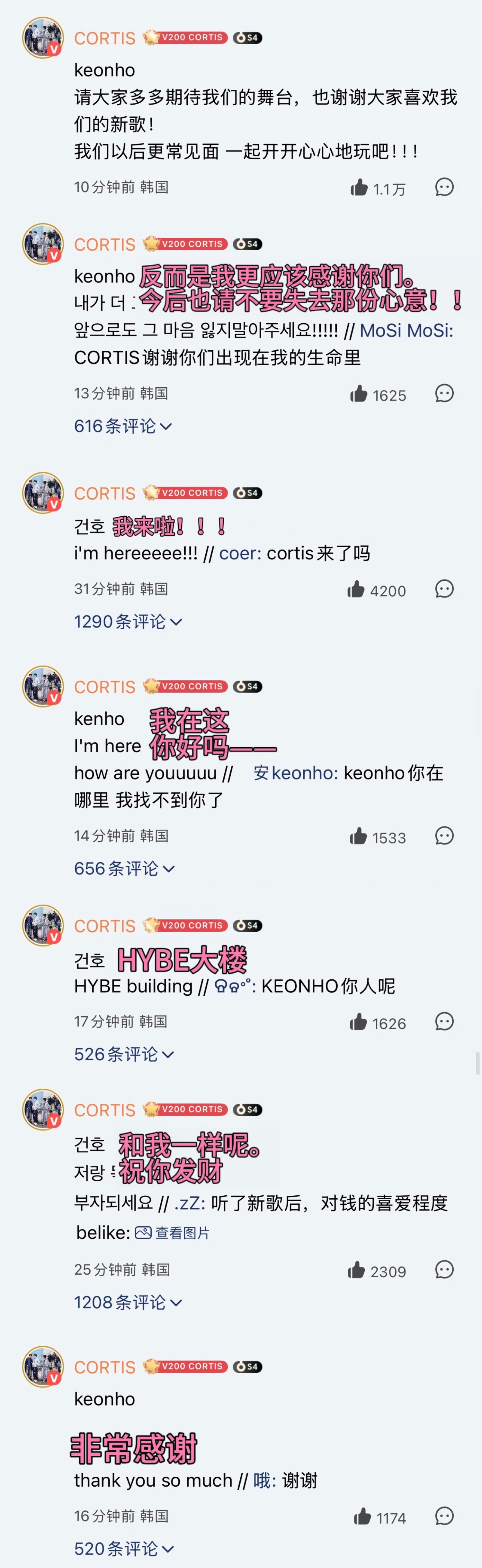 CORTIS最新QQ音乐活动成员回复中文数量对比1. 赵雨凡13   2. 严成