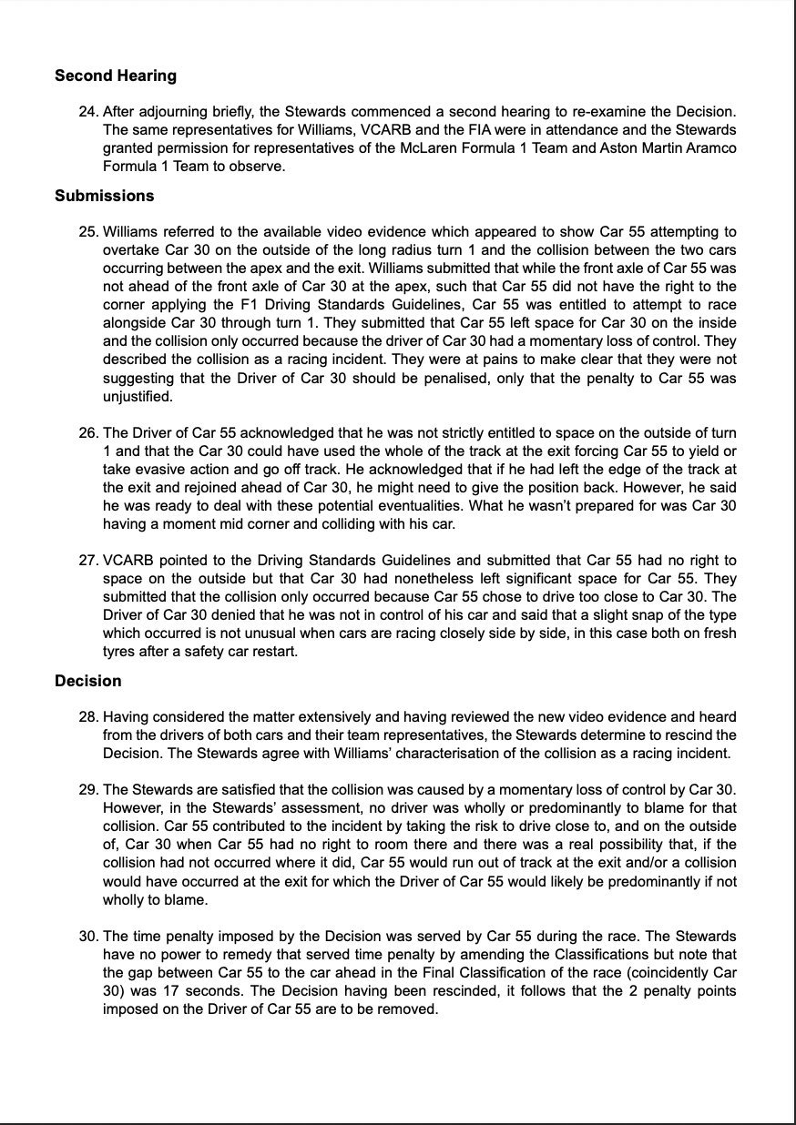 赛事仲裁推翻在荷兰站对于塞恩斯的判罚！1. 经全面审议新视频证据并听取两位车手及