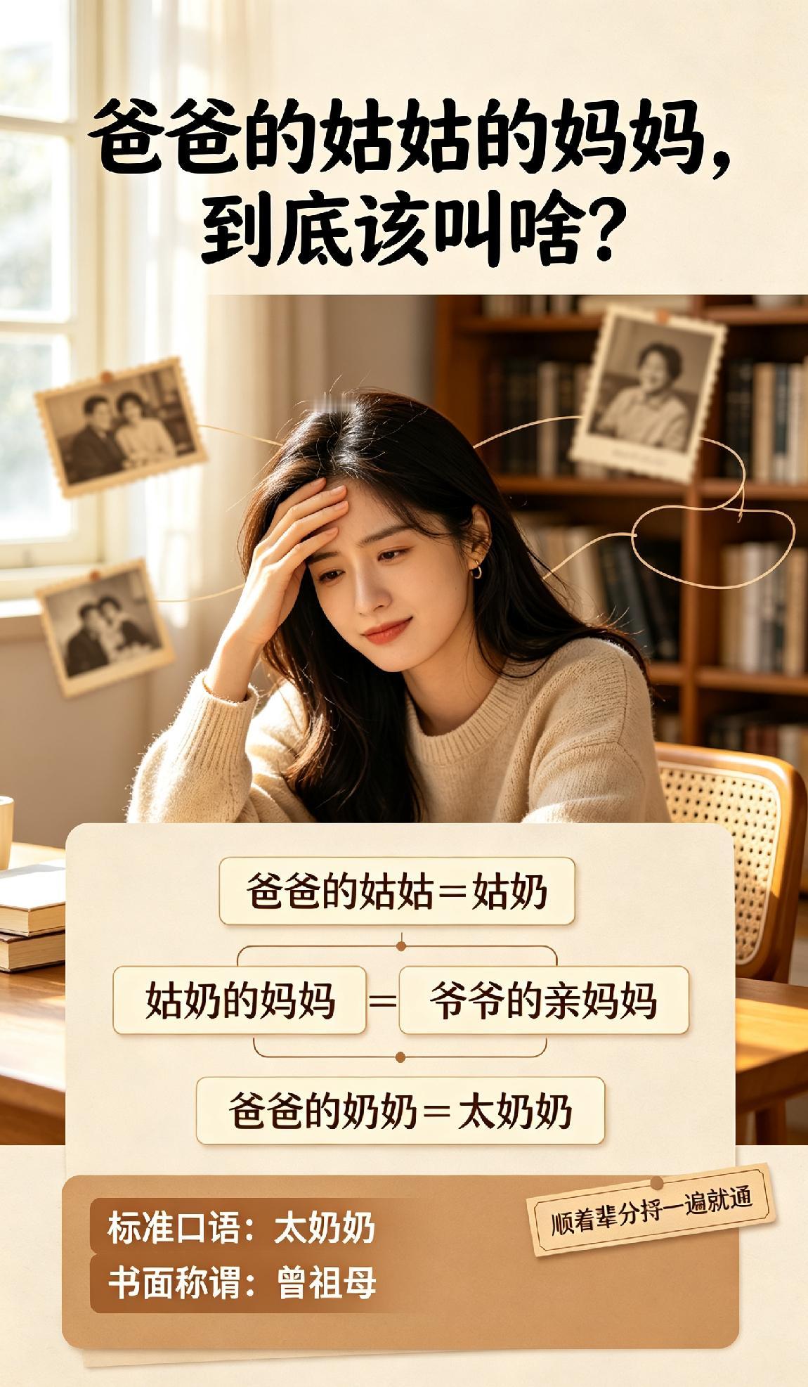 被这道亲戚称谓题绕晕的请举手！
爸爸的姑姑的妈妈，到底该叫啥？
顺着辈分捋一遍瞬