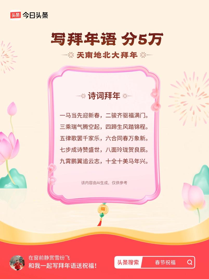 三乘瑞气腾空起，四蹄生风踏锦程。 五律歌罢千家乐，六合同春万象新。 七步成诗赞盛