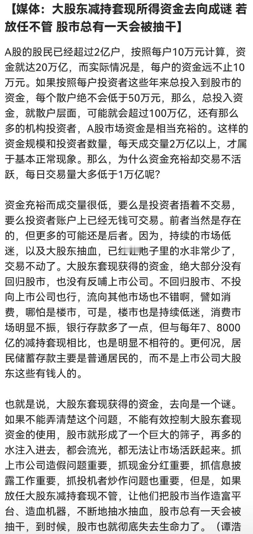 媒体这回敢说到点子上了，他们的钱去哪了？

媒体：大股东减持套现所得资金去向成谜