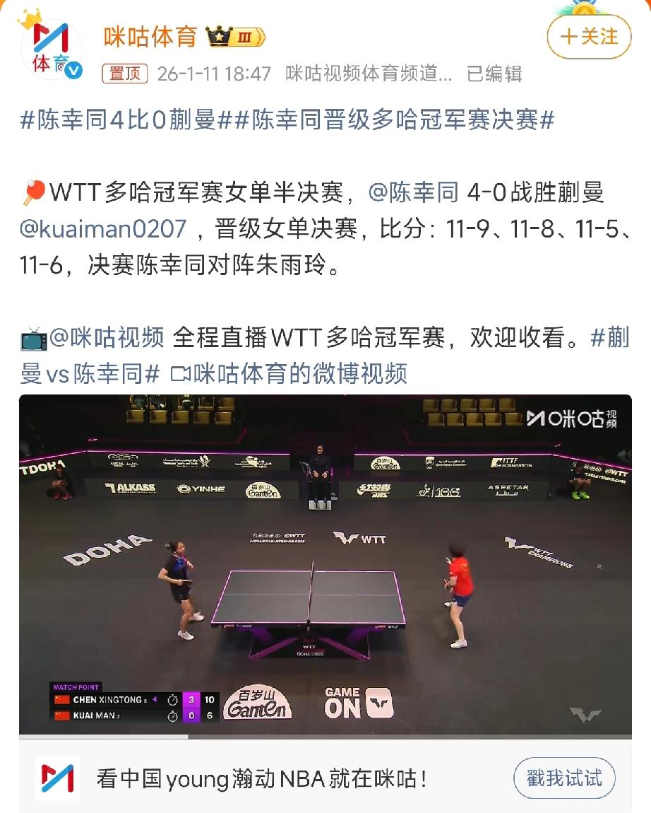 蒯曼想靠速度冲垮她，结果陈幸同用防守“教做人”。

1月11日晚上，WTT多哈冠