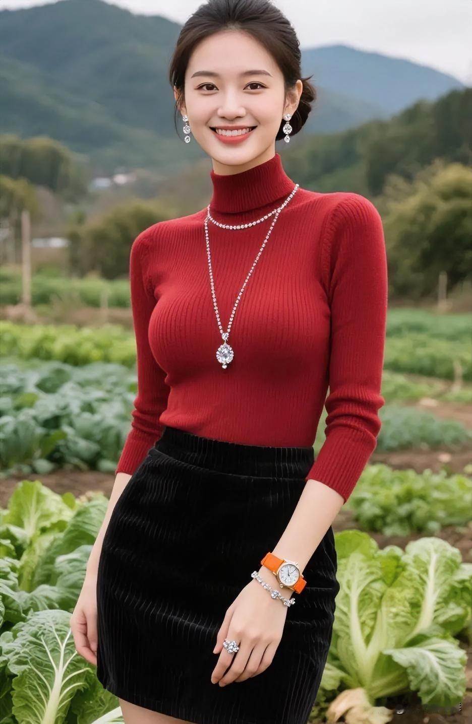 红衫黑裙立田间，笑意暖暖，岁月温柔且安然。