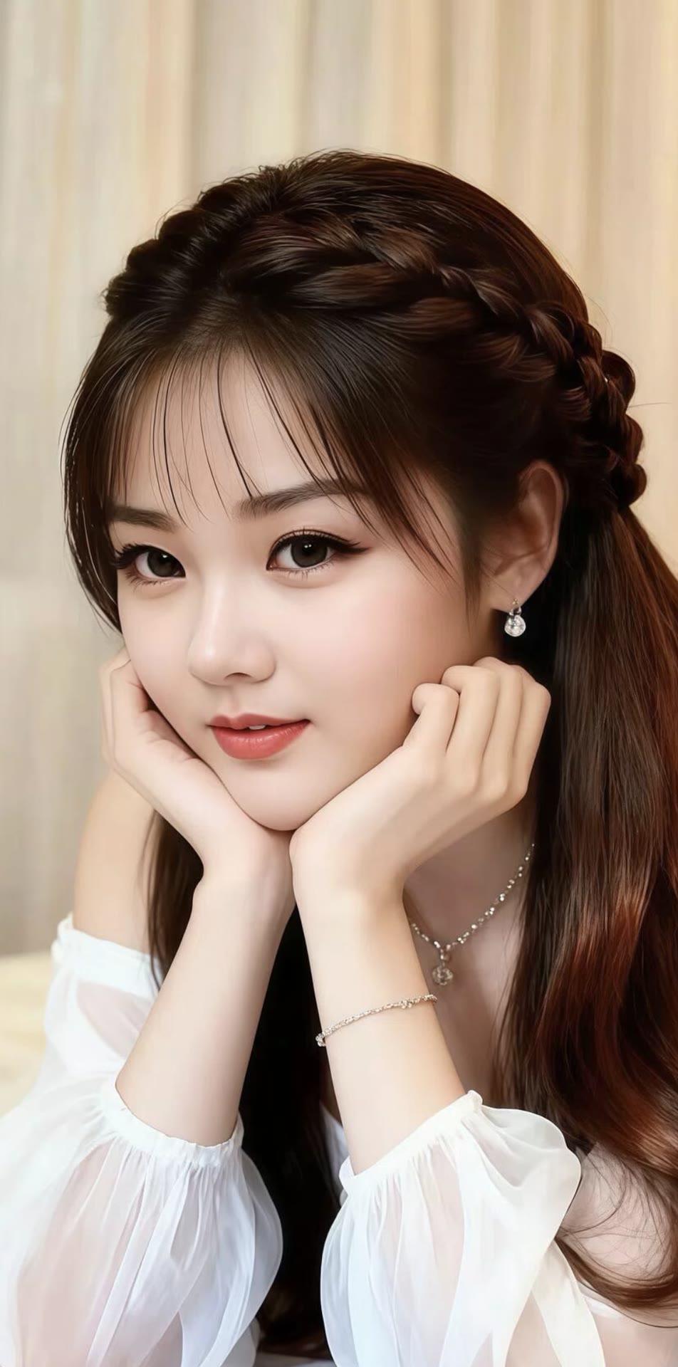 温柔甜美的少女，编发造型，清新自然，微笑动人。