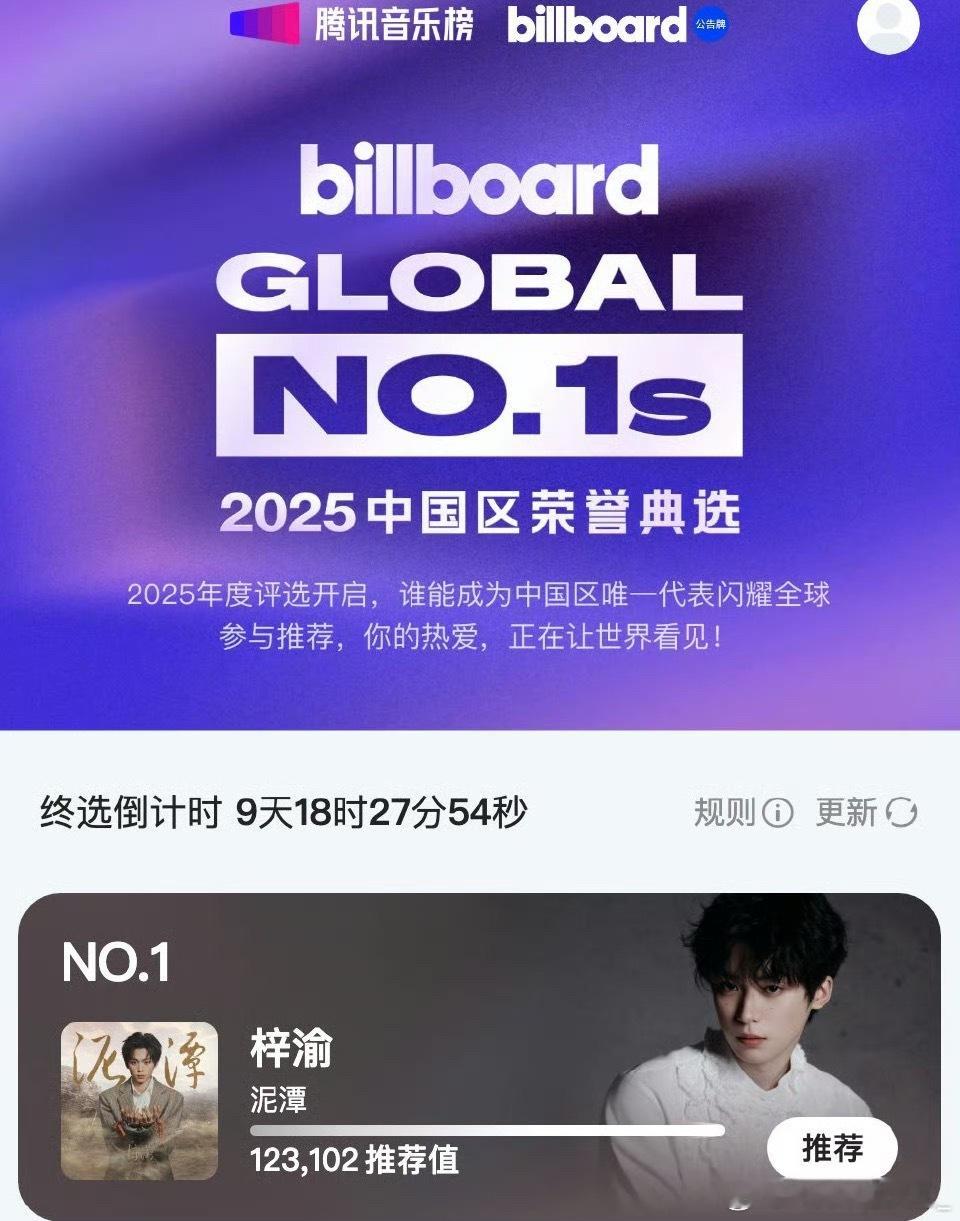 Billboard Global No.1s 中国区评选终选，梓渝《泥潭》全球荣