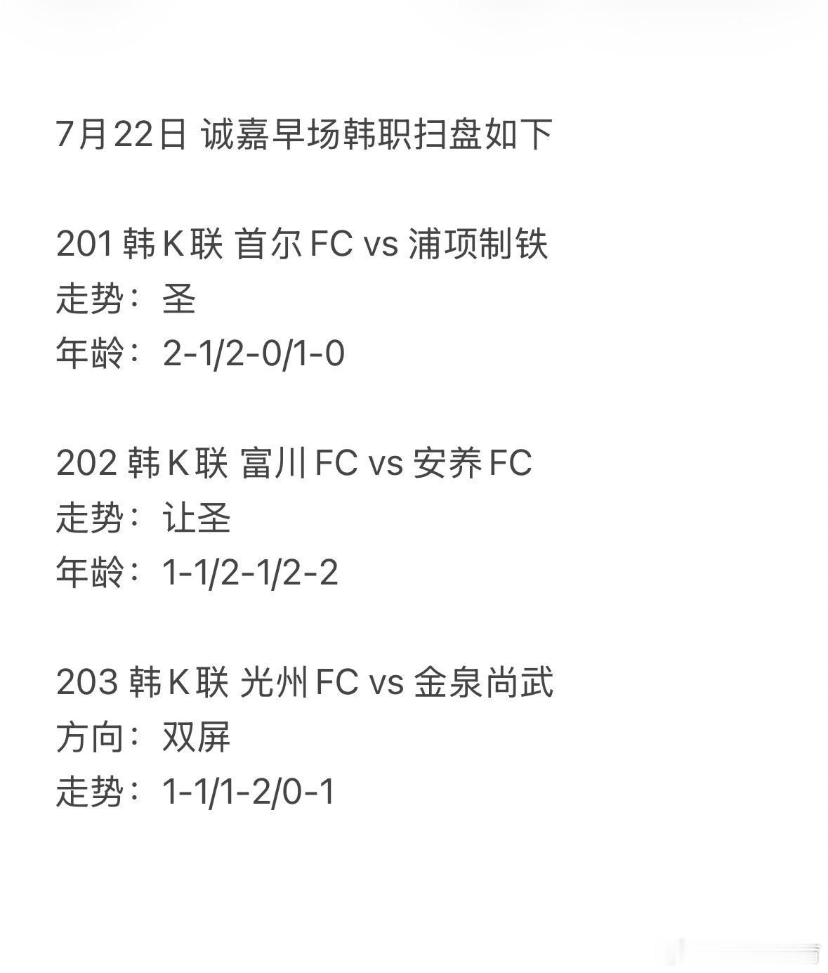 7月22日 诚嘉早场韩职扫盘如下诚嘉足球小分队201 韩K联 首尔FC vs 浦
