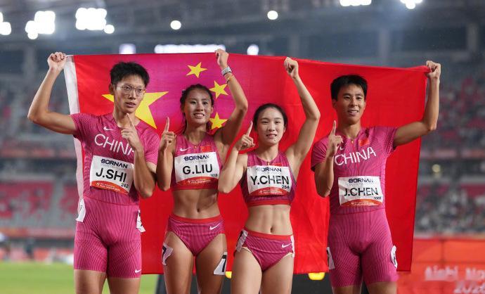 4x100米混合接力中国队夺金恭喜，祝贺！2026年名古屋亚运会田径男女混合4×