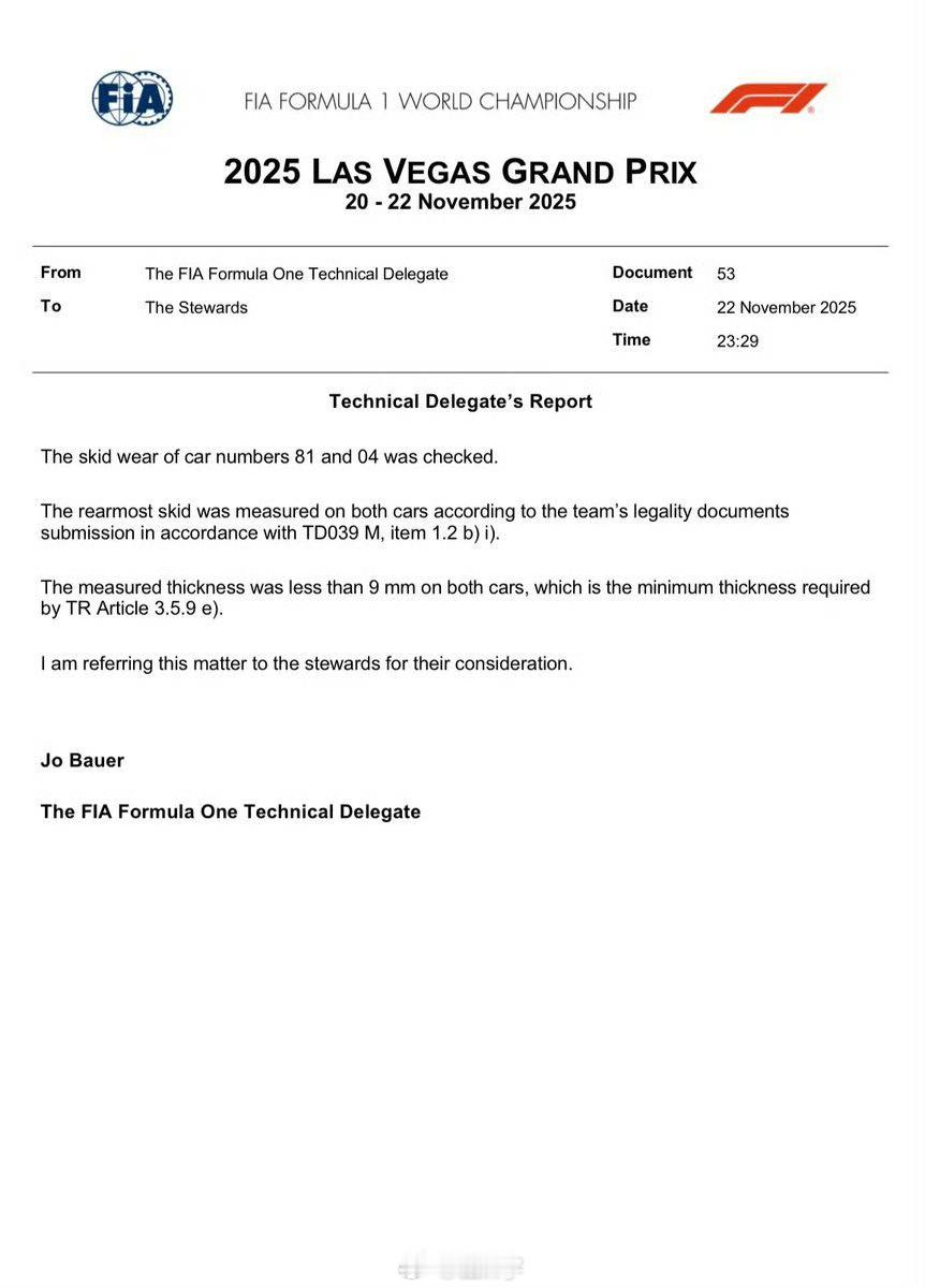 迈凯伦双车的底板木板磨损过度，未能通过赛后车检！！！