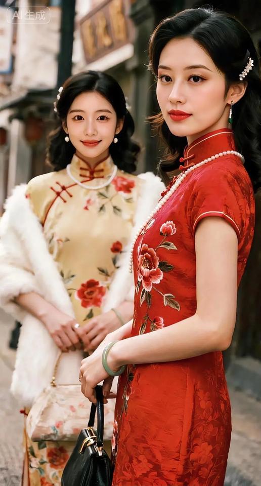 青石板路晕开岁月涟漪，红旗袍似枝头盛放的牡丹，明艳却端庄；暖黄旗袍如春日初绽的繁