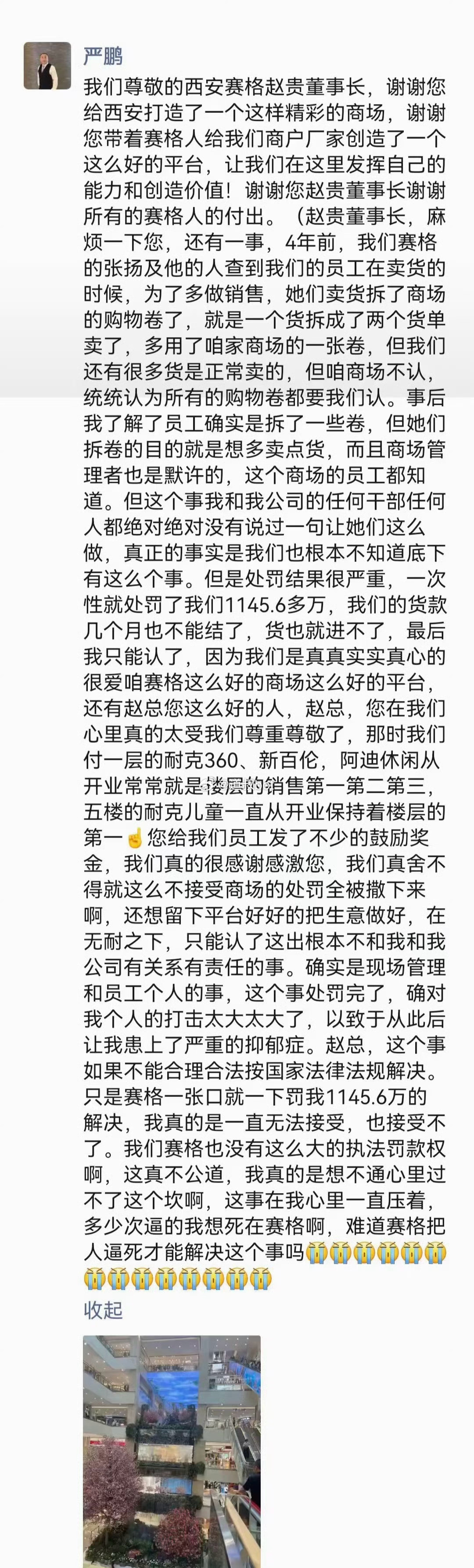 7月1日商户负责人坠楼事件后，西安赛格国际购物中心于7月2日确认“今日商场正常营