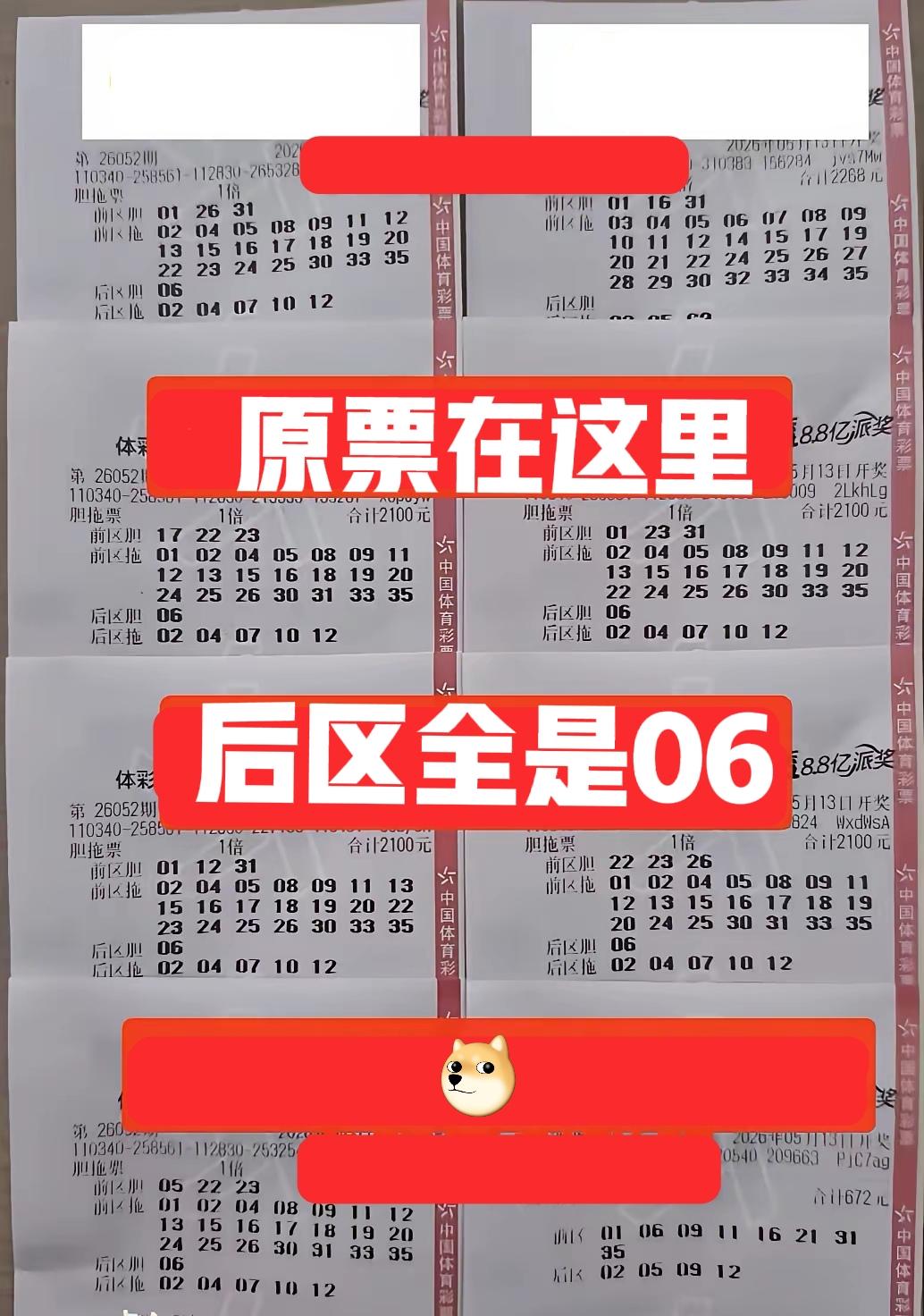 原票在这里，这些胆拖大复式，后区都是06的独胆，那主任肯定不会同意的