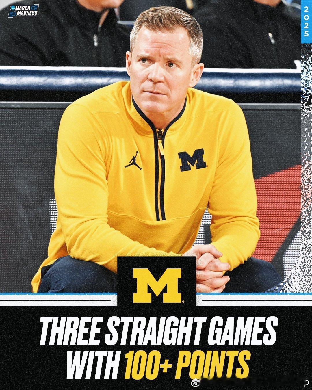 密西根大学成为自1989年以来首支连续三场得分破百的NCAA大学球队NCAA