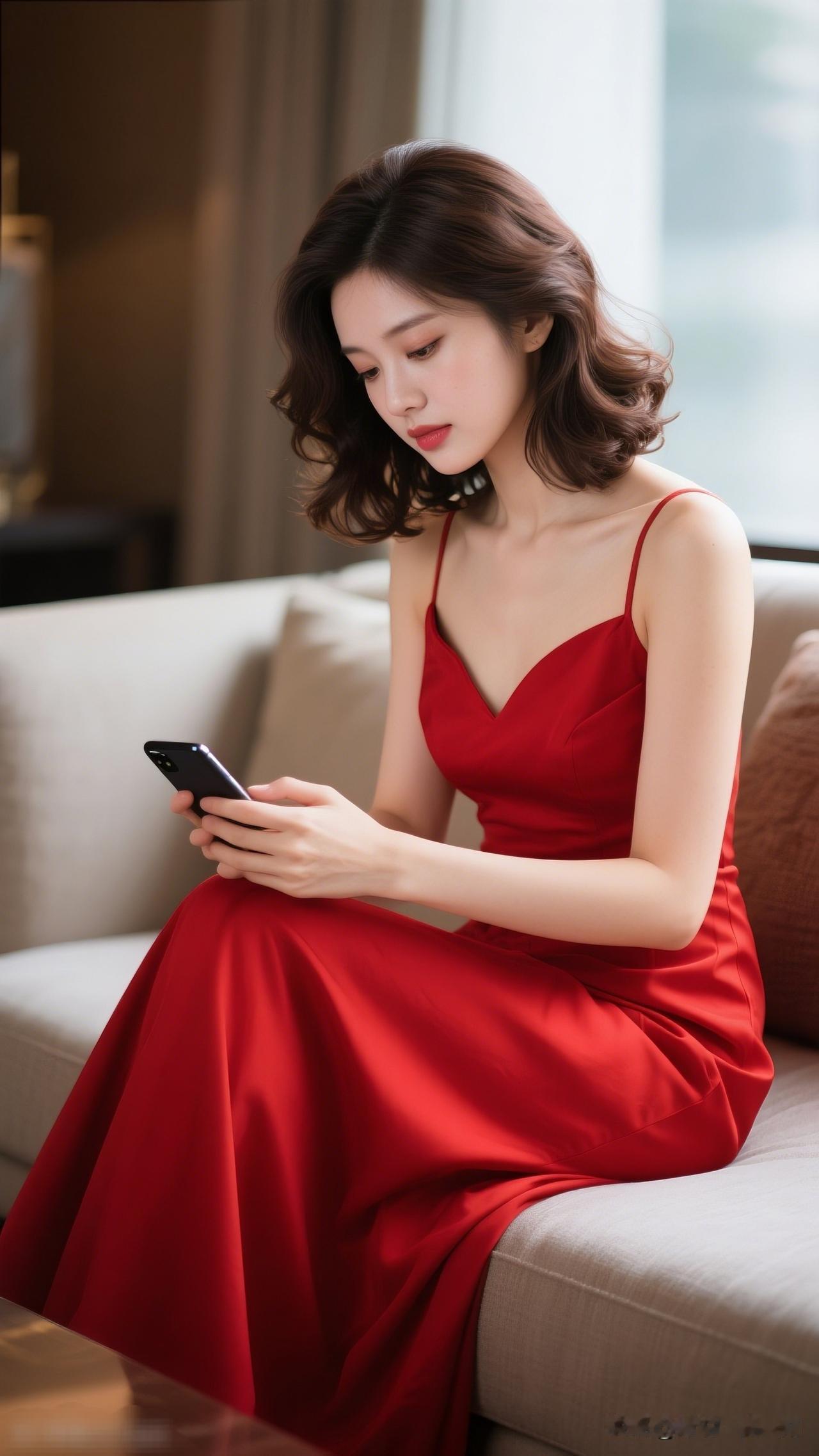 红衣美人坐，手机入画来。清新的连衣裙穿搭 优雅红裙，静谧时光，手机相伴，美好一刻