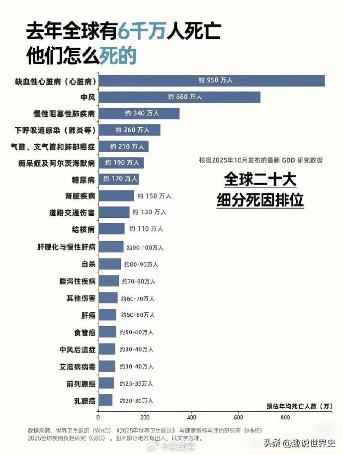 刚过去的2025年，全世界共去世了6千万人。他们是这样死掉的……
死亡率排行榜