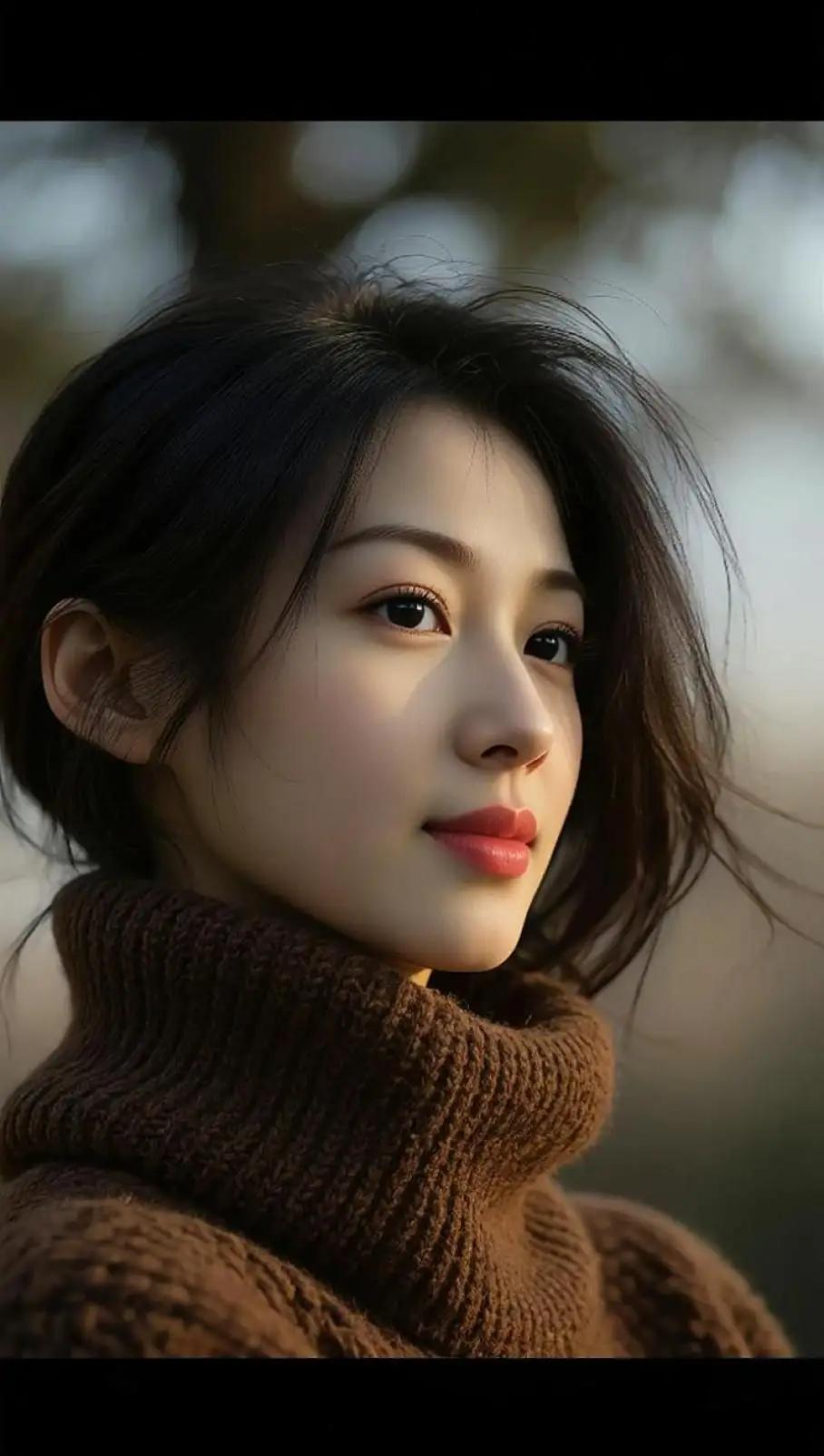 冬日暖阳下的温柔少女，暖色调的毛衣，散发着温暖与柔美的气息。