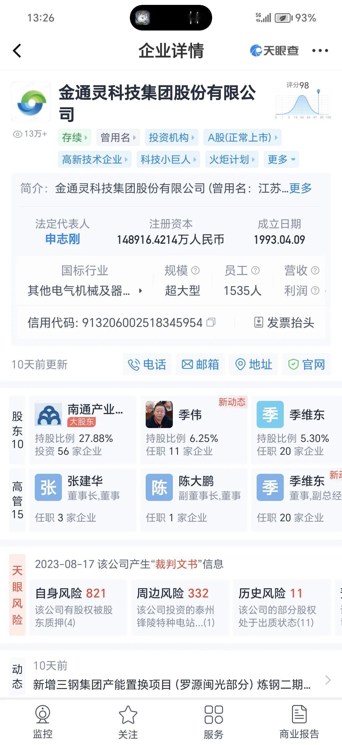 金通灵大股东：南通产控集团