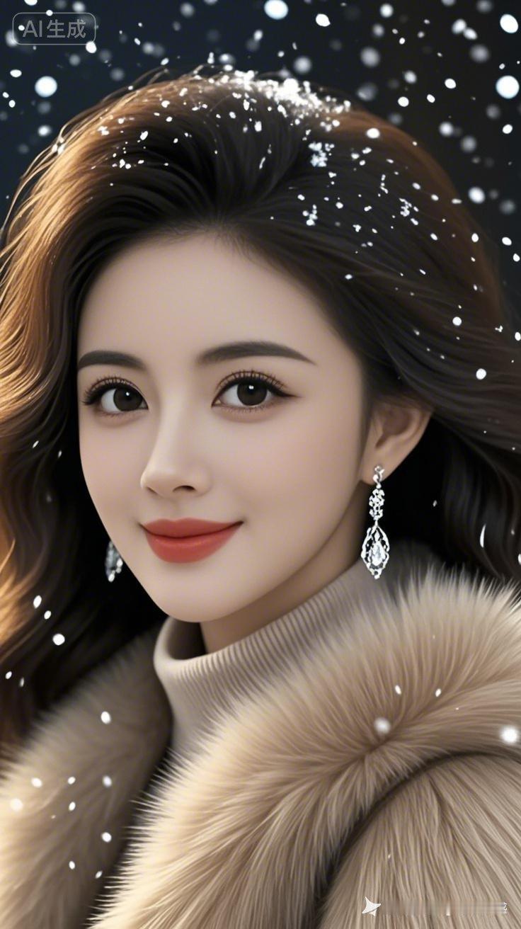 冬日暖阳下的甜美少女，雪花飘落，温柔动人。