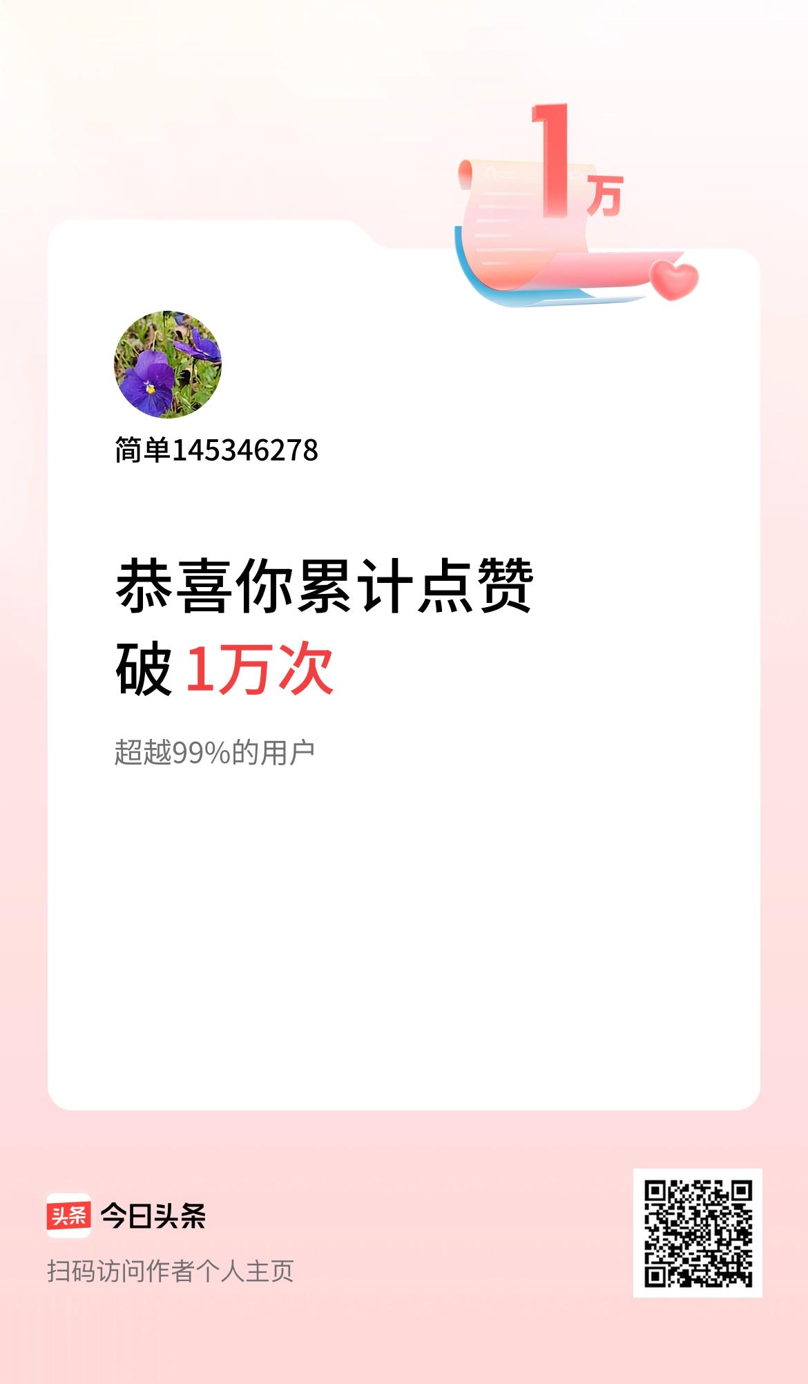 我在头条累计点赞破1万啦！