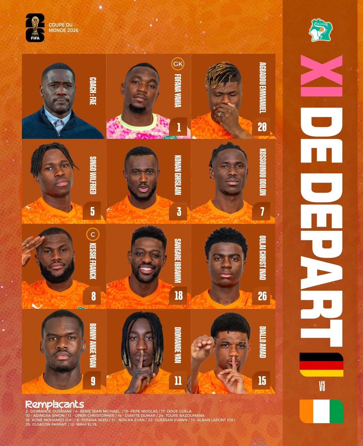 【首发阵容】 世界杯 E组小组赛：⚔️  德国🇩🇪 vs 科特迪瓦🇨🇮。
